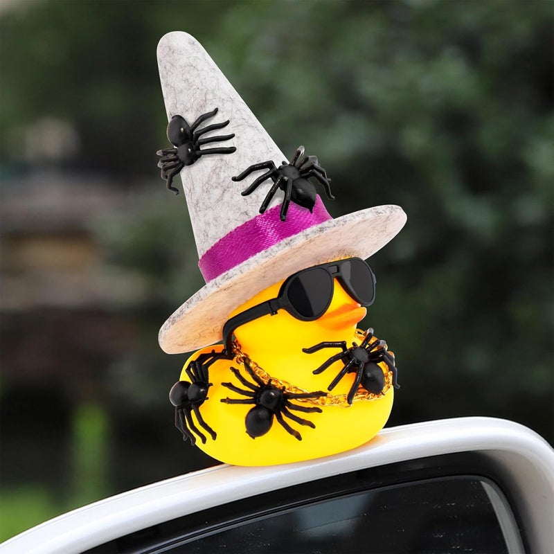 wonuu Spiders Rubber Ducks for Halloween, Car Dashboard Decorations Duck for Office Desk Ornament Accessories with Witch Hat Glasses Chain Spider (Gray) - Image 2